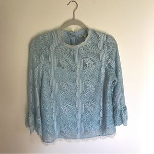 Heartloom Blue Lace Bell Sleeve Blouse Size Small